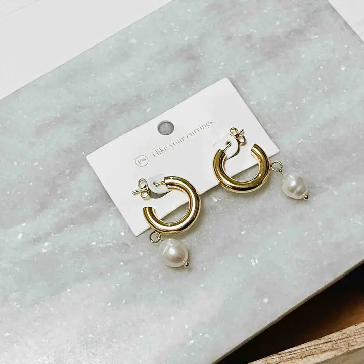 Pearled Dangle Hoop Earrings | Waterproof