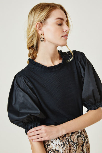 Black Mock Neck Puff Sleeve Top