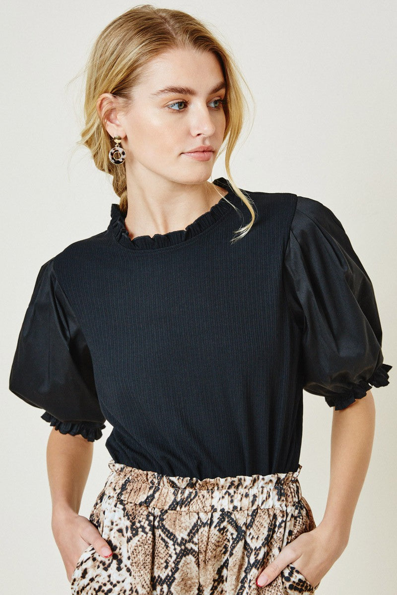 Black Mock Neck Puff Sleeve Top