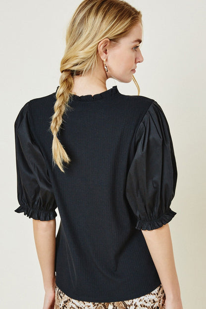 Black Mock Neck Puff Sleeve Top