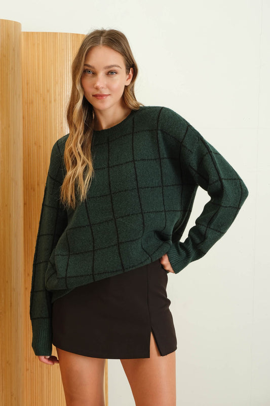 Gia Grid Crew Knit Pullover | Green