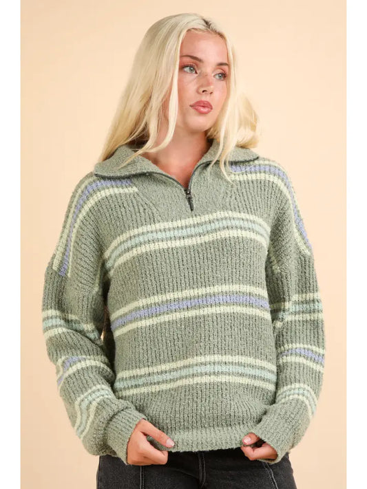 Skylar Striped Half Zip Sweater | Sage