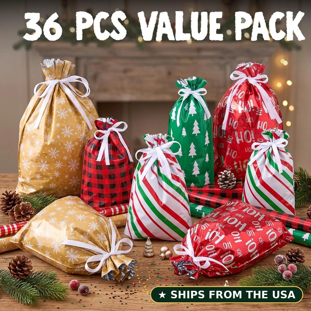 36-piece Christmas drawstring gift bag set — assorted festive designs and sizes, ships from the USA