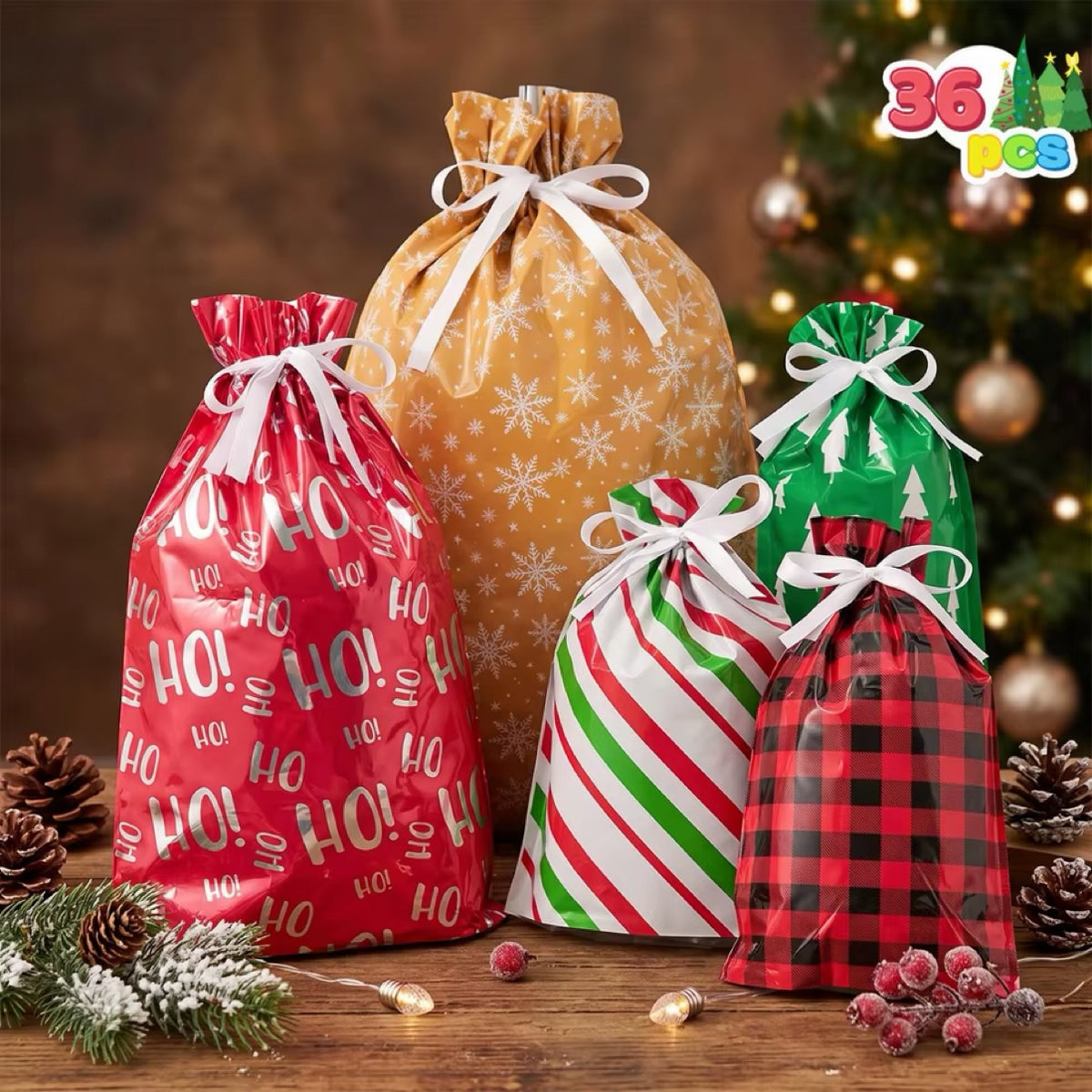 36-piece foil drawstring gift bags — all 5 festive designs