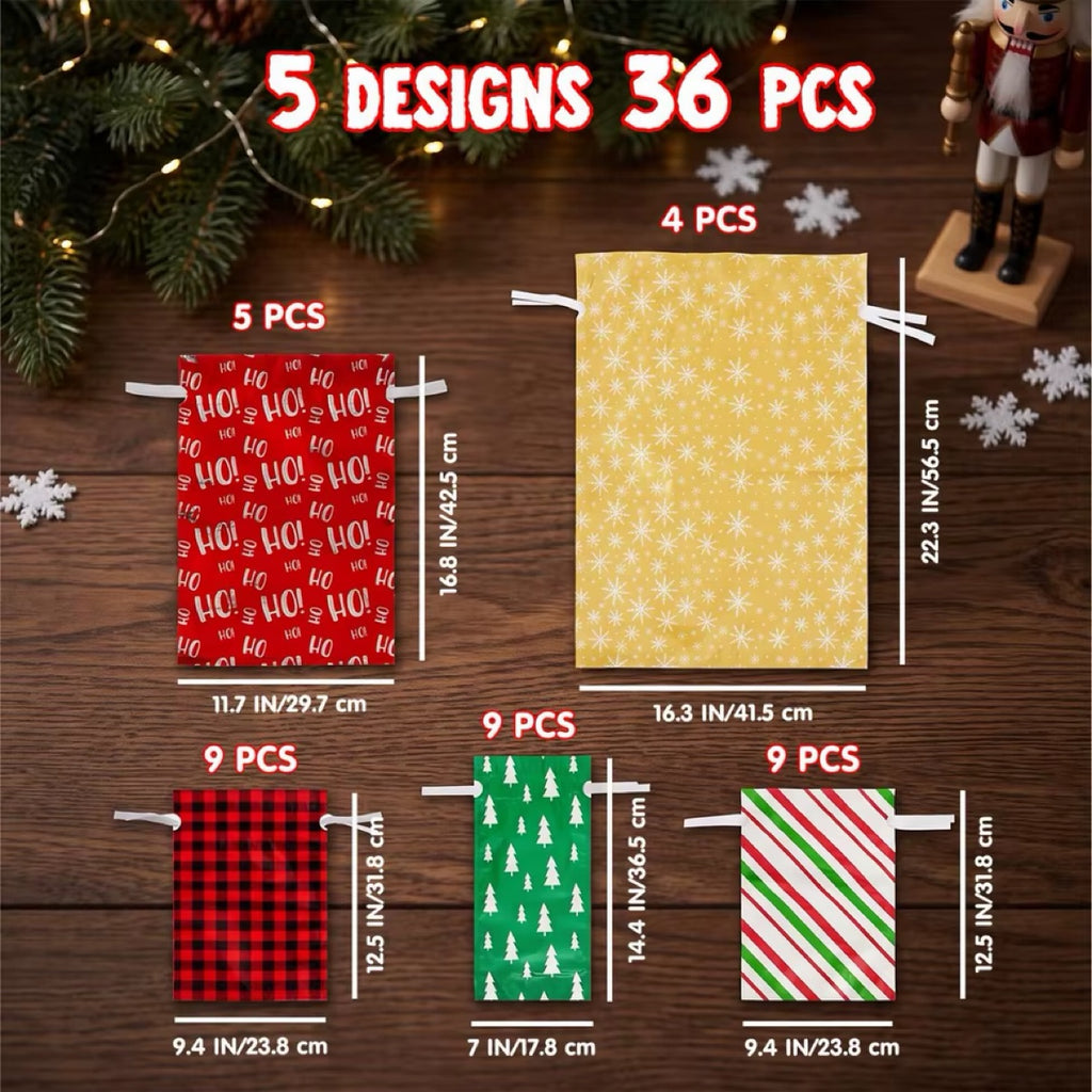 Size guide — 5 designs, 36 pieces: small 12.5 x 9.4 in and 14.4 x 7 in, medium 16.8 x 11.7 in, large 22.3 x 16.3 in