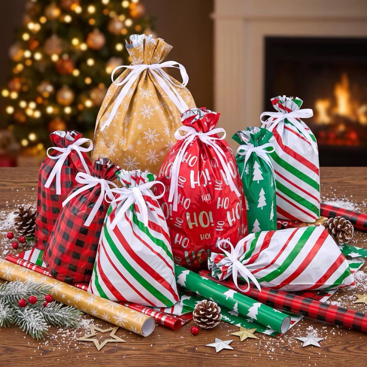 Foil gift bags arranged by the Christmas tree and fireplace
