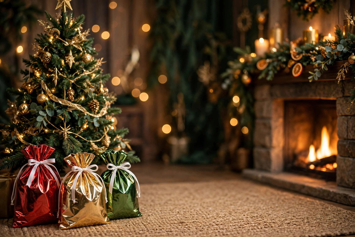 Foil gift bags under a Christmas tree by a fireplace